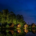 Stunning lakeside huts reflect in water under a night sky surrounded by tall trees.